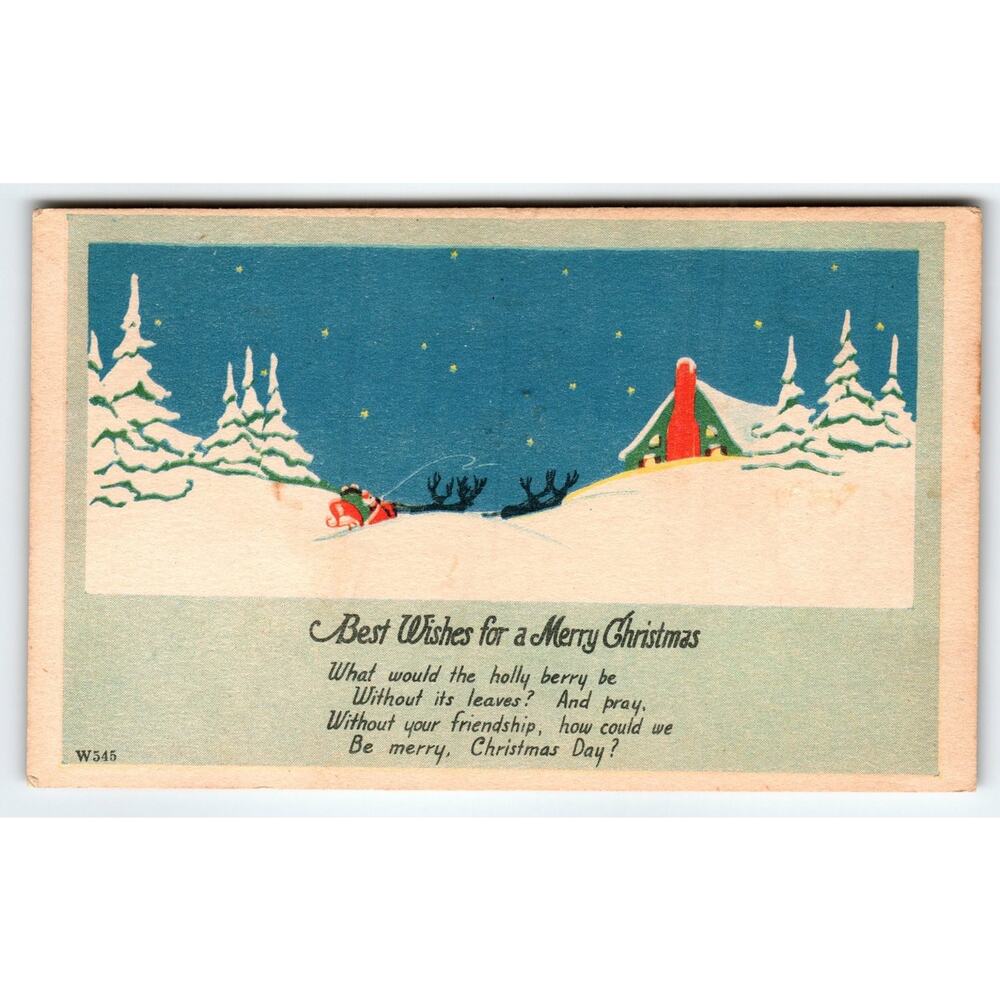 Vintage 1914 Christmas Postcard Santa Sleigh Snowy Night Holiday